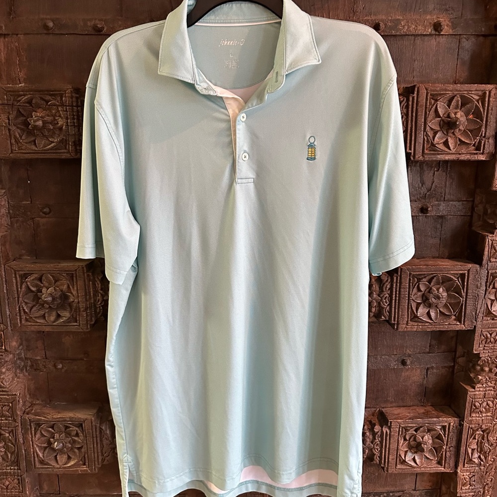Johnnie-O men’s golf shirt, light blue, size large.